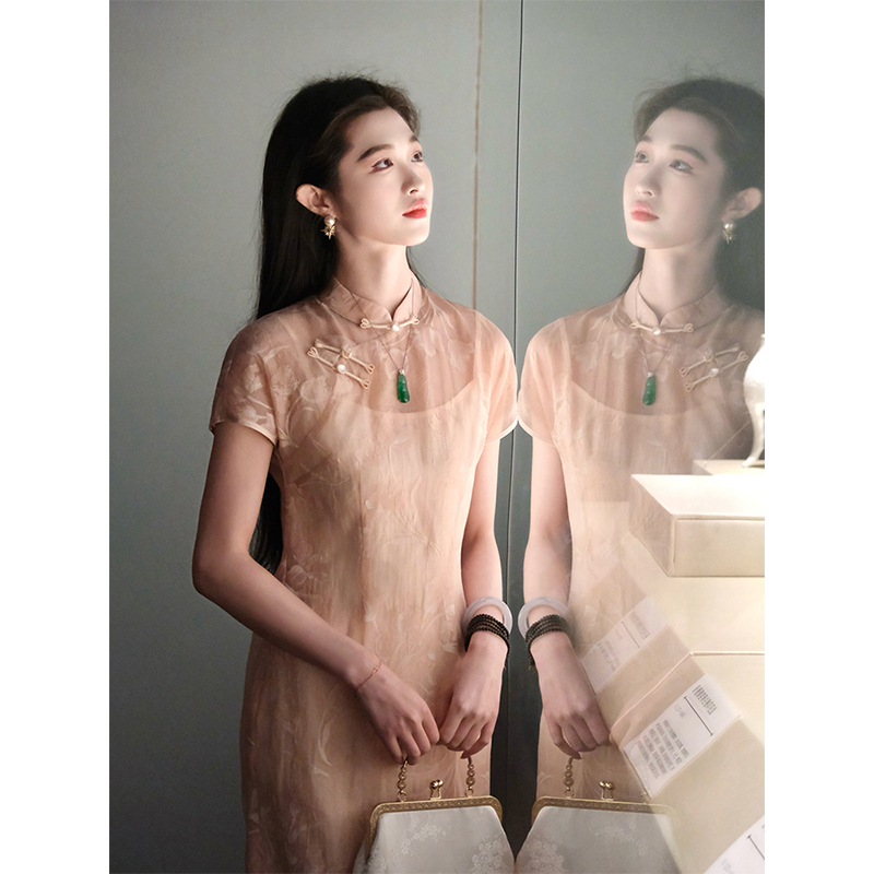 凌茜【郁金香】新中式压皱雪纺微透短袖裙旗袍配内搭吊带真两件旗袍