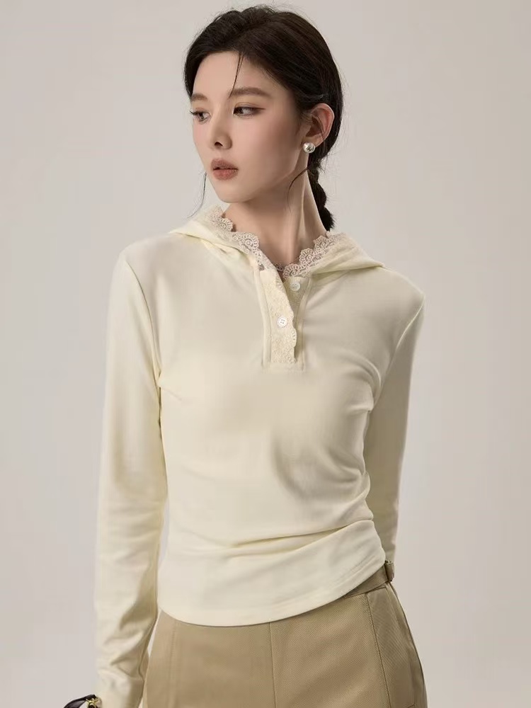 【兔哥女装】66266*连帽打底衫秋冬白色荡领蕾丝时尚高领纯色带帽