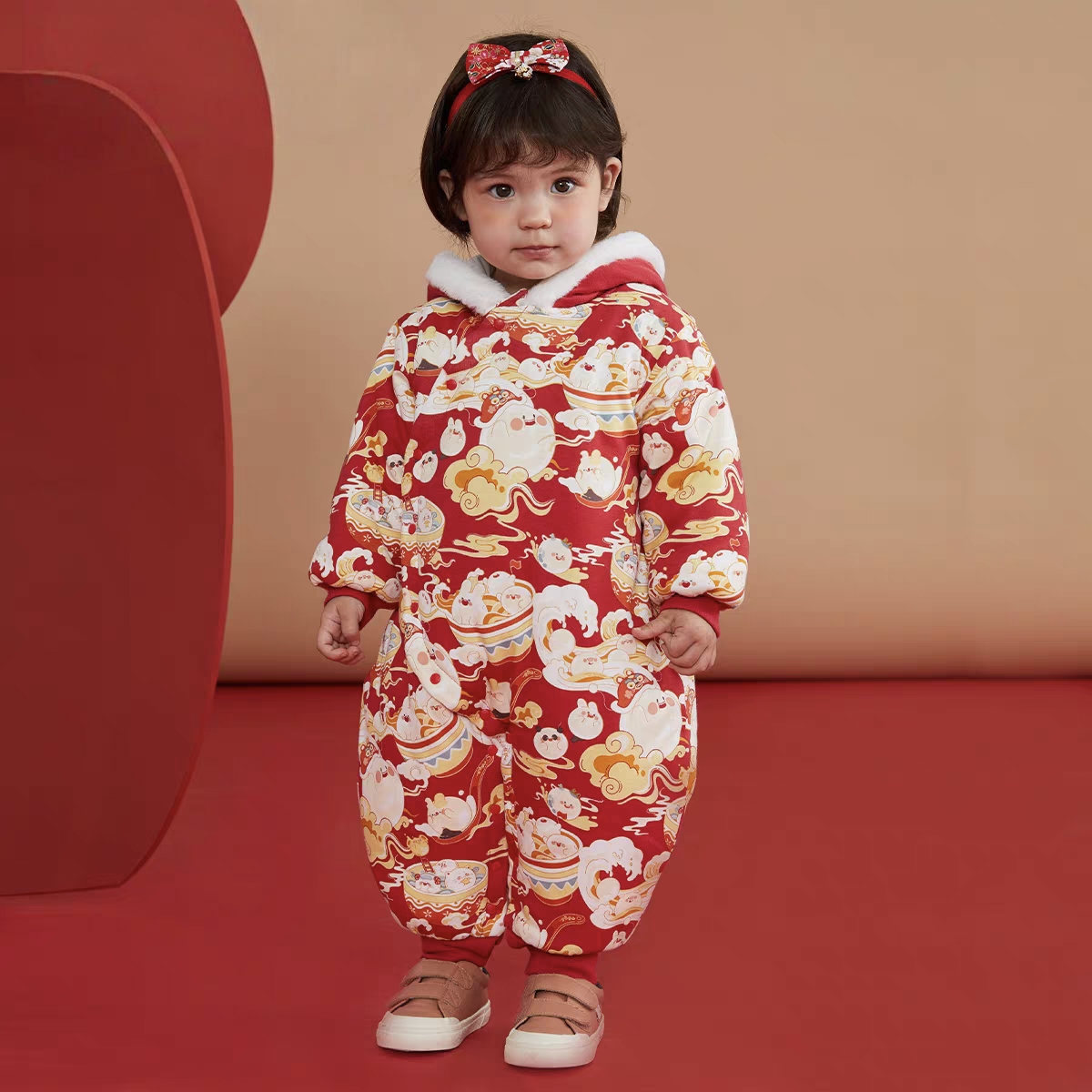 巴家66-100宝宝夹棉连体衣红色爬服秋冬中国风加厚保暖婴儿外出服