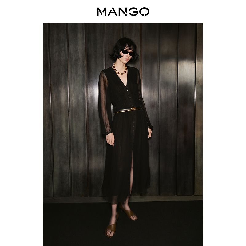 MANGO女装连衣裙2025秋装新款直筒V领系带时尚泡泡袖雪纺连衣裙