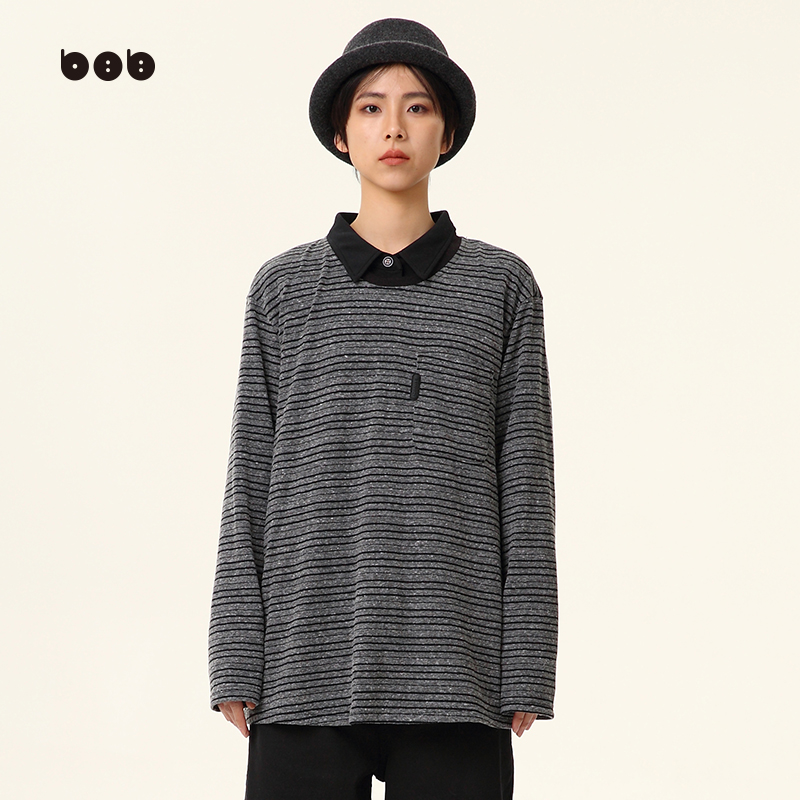 【商场同款】白目自条纹T恤 女2024冬新品慵懒风百搭舒适长袖上衣