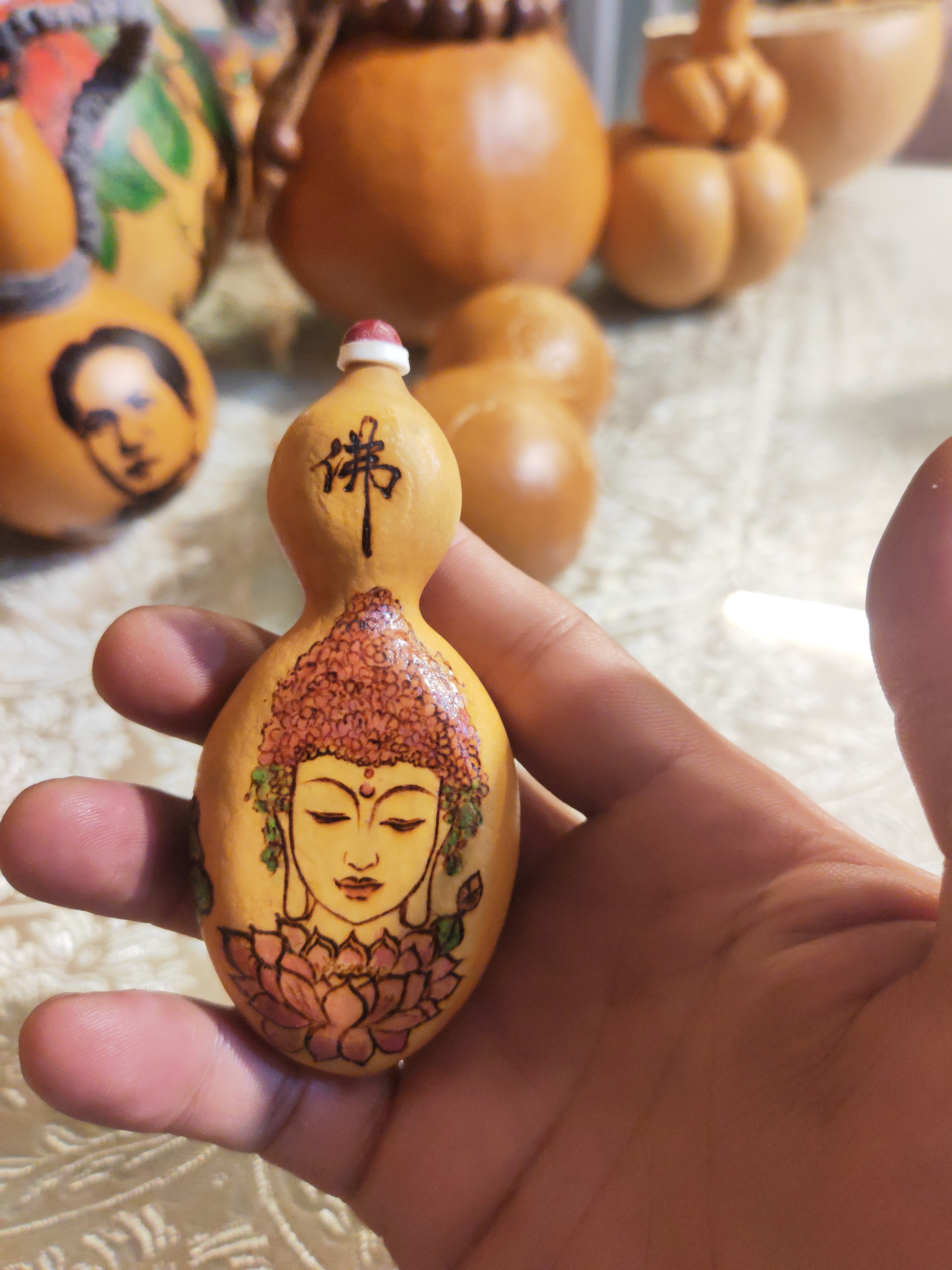 天然手捻小葫芦烙画纳福手把工艺葫芦文玩佳品