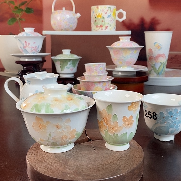 水仙花盖碗➕品茗杯手绘釉下高温