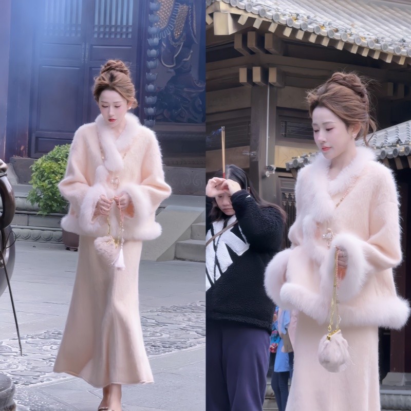 《瑞雪丰年•落日晚霞》新中式长袖外套新款显瘦毛毛半身裙两件套