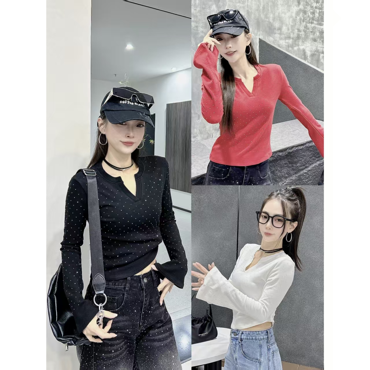 NH9606-T恤2025高级慕斯棉烫钻修身正肩V领喇叭袖长袖T恤