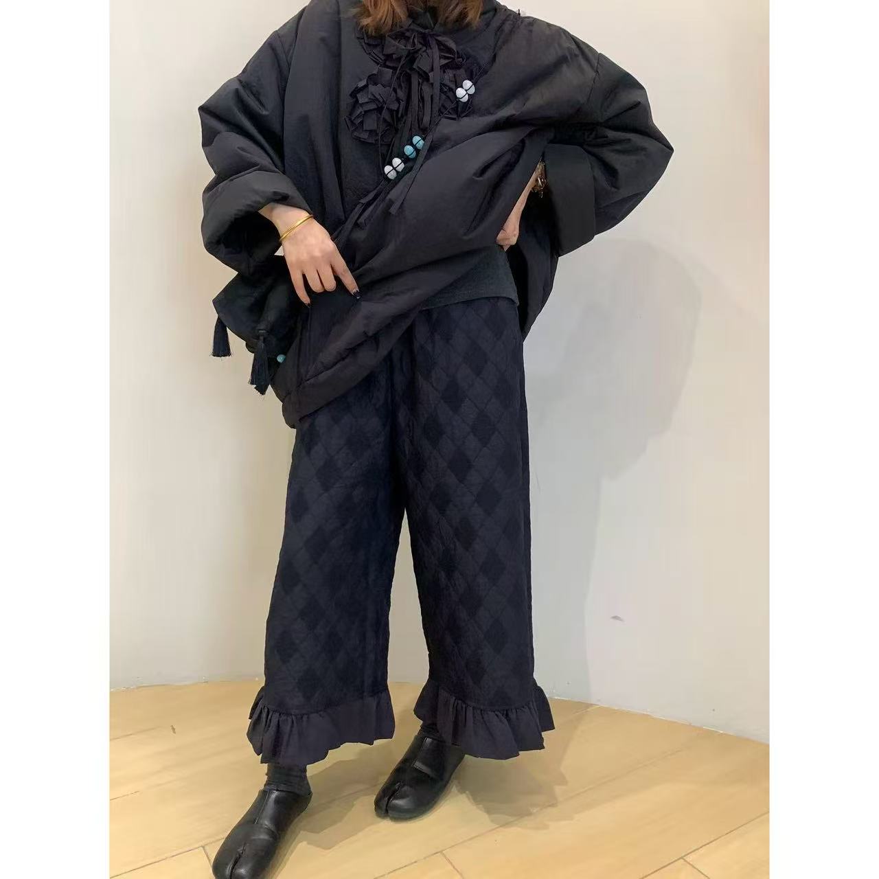 TOMATO-秋冬定制料松紧腰花边阔腿裤#8129