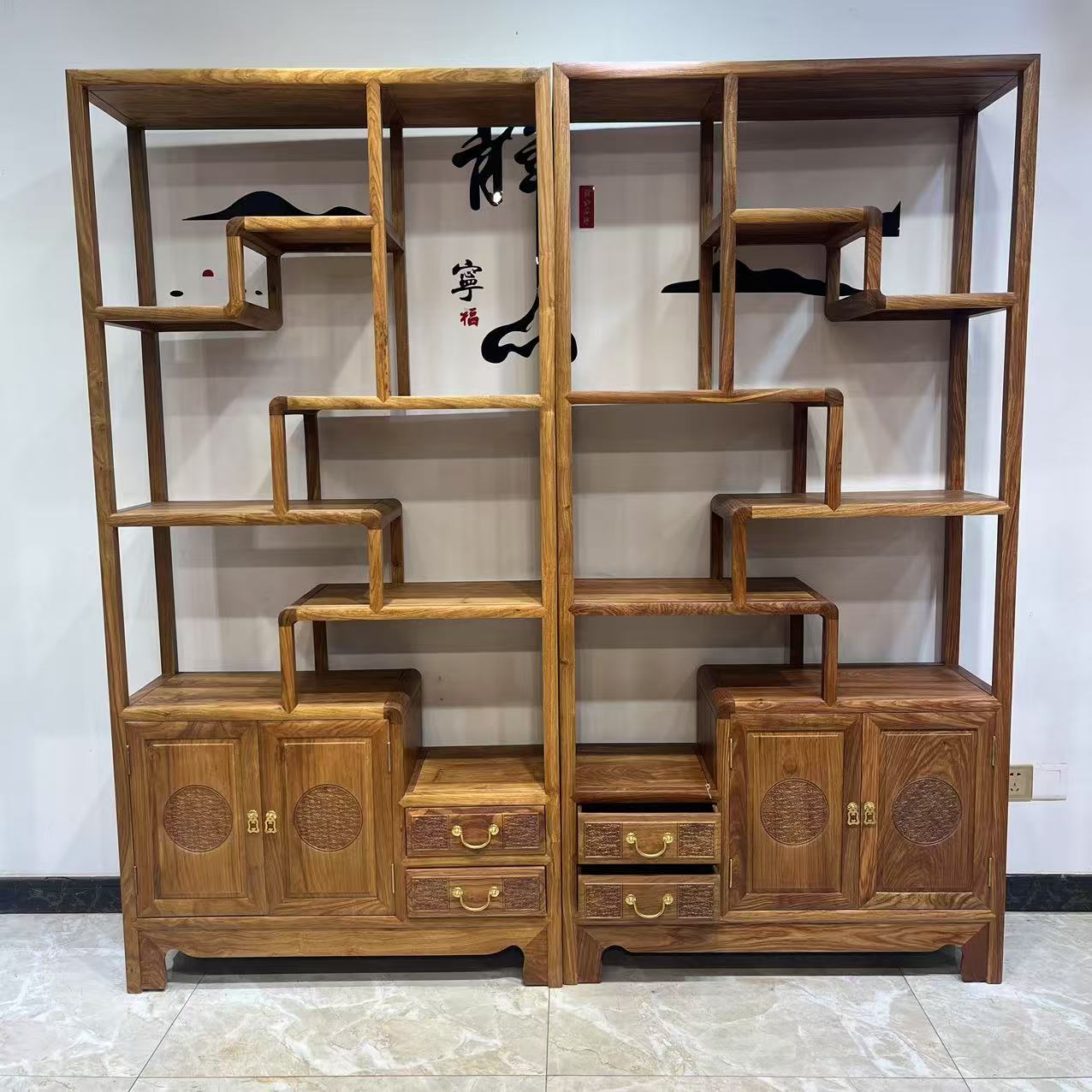 国标红木刺猬紫檀原木烫蜡工艺博古架一对