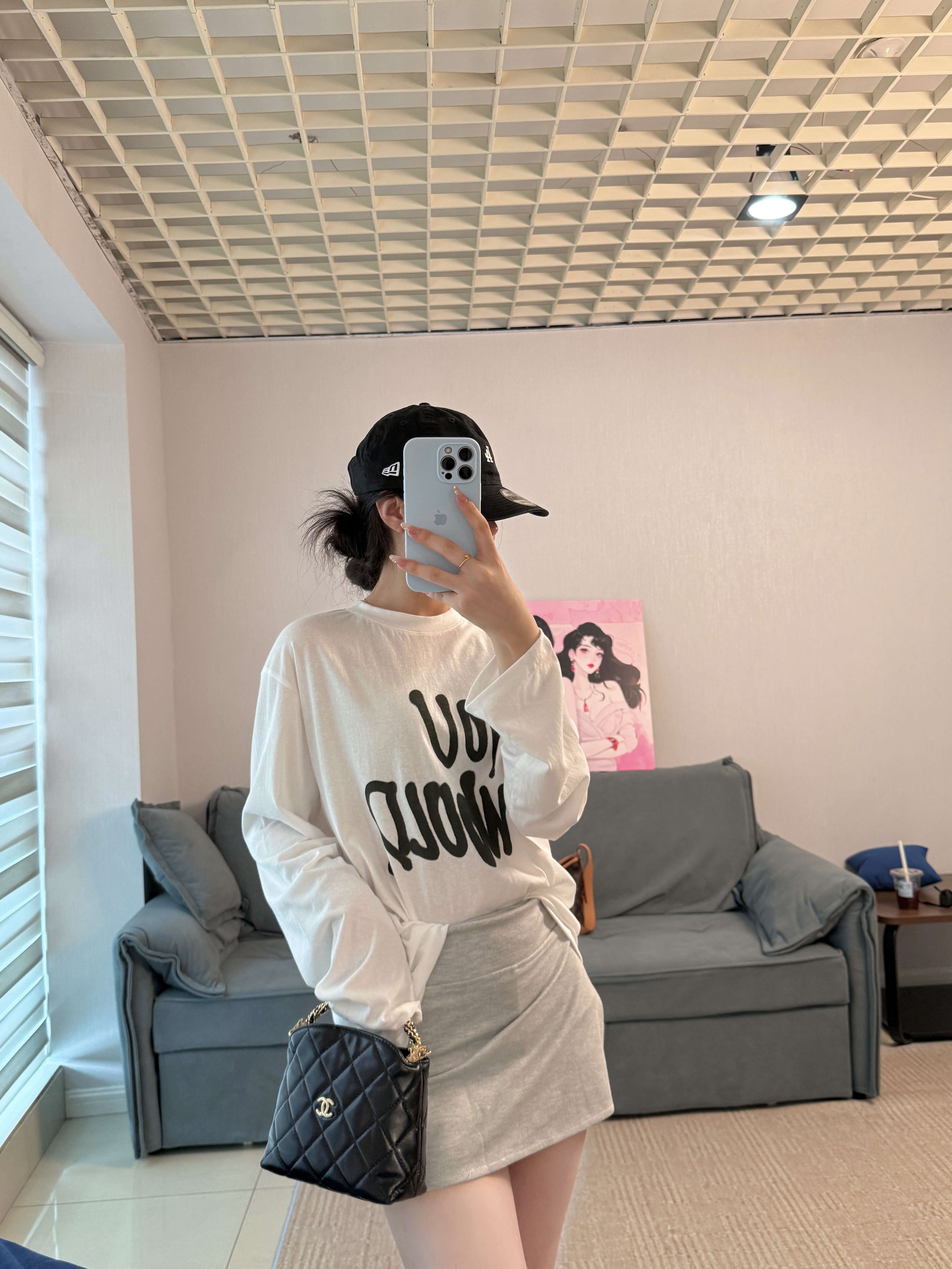 YOU 同款洋气衣服喷绘字母印花慵懒长袖圆领T恤男女同款