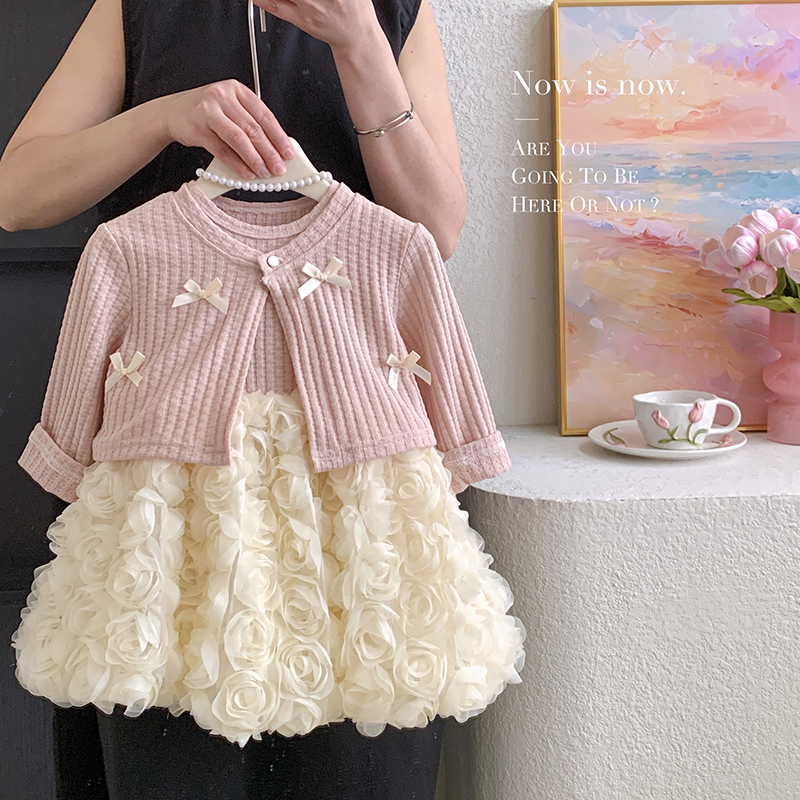 2025秋”兔儿玫瑰”女童蝴蝶结开衫外套+无袖玫瑰裙9820