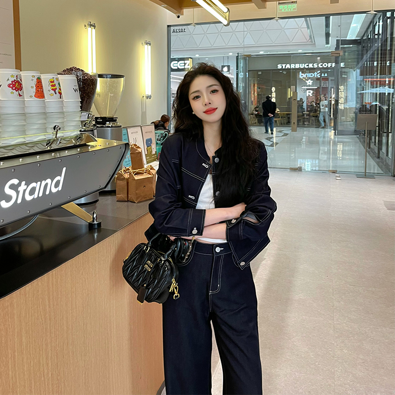 万万【假日丹宁】丹宁系列时尚美式复古牛仔外套长裤套装 2502Z06