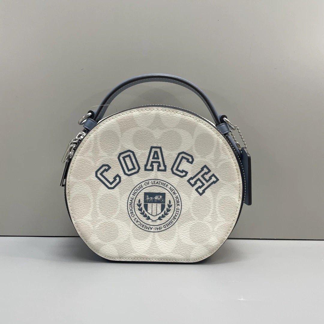 99新 COACH/蔻驰 蓝拼白老花圆饼手提斜挎包 17*15*6cmE021505