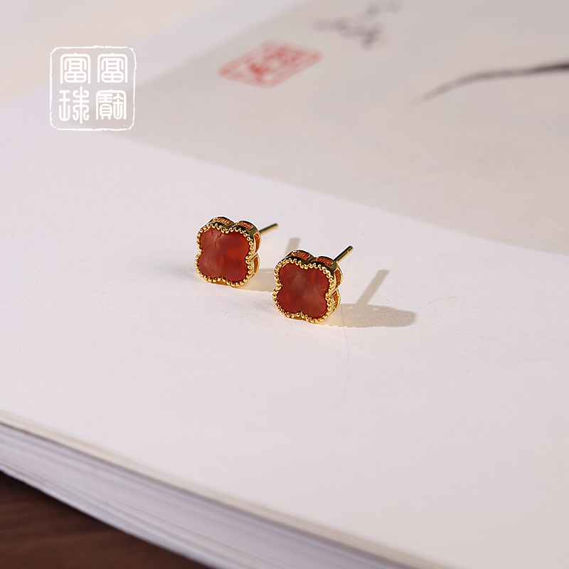 【红草】富富珠宝 南红S925银时尚耳钉（天然珠宝多样性发）