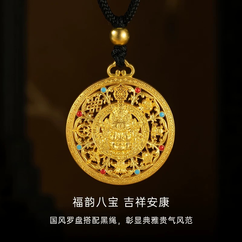 吊坠足银 黄财神国风珐琅罗盘吊坠金刚杵双面编黑绳项链挂坠  
