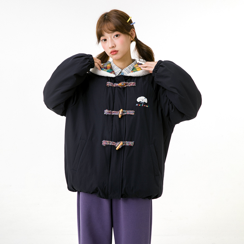 初中生冬季新款棉袄牛角扣女童韩系宽松撞色连帽外套C25CM2213C