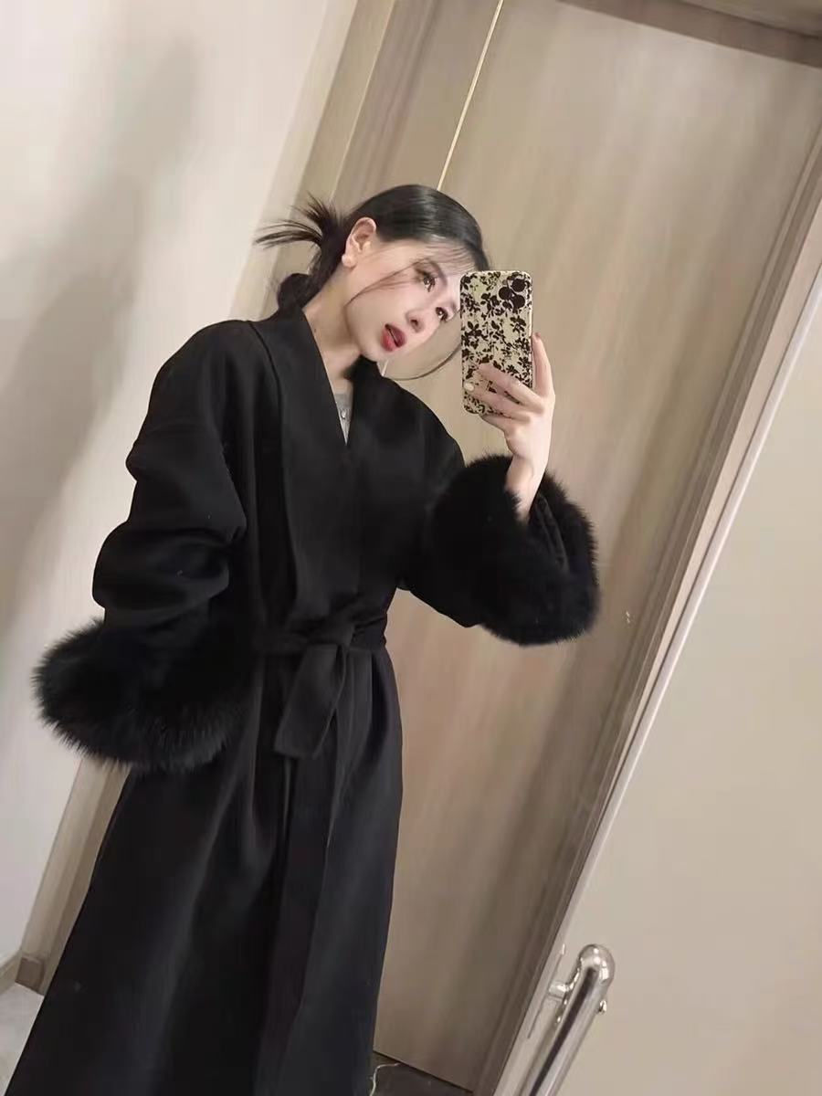 可拆卸仿狐狸毛袖口双面呢大衣女中长款2025秋冬毛呢外套