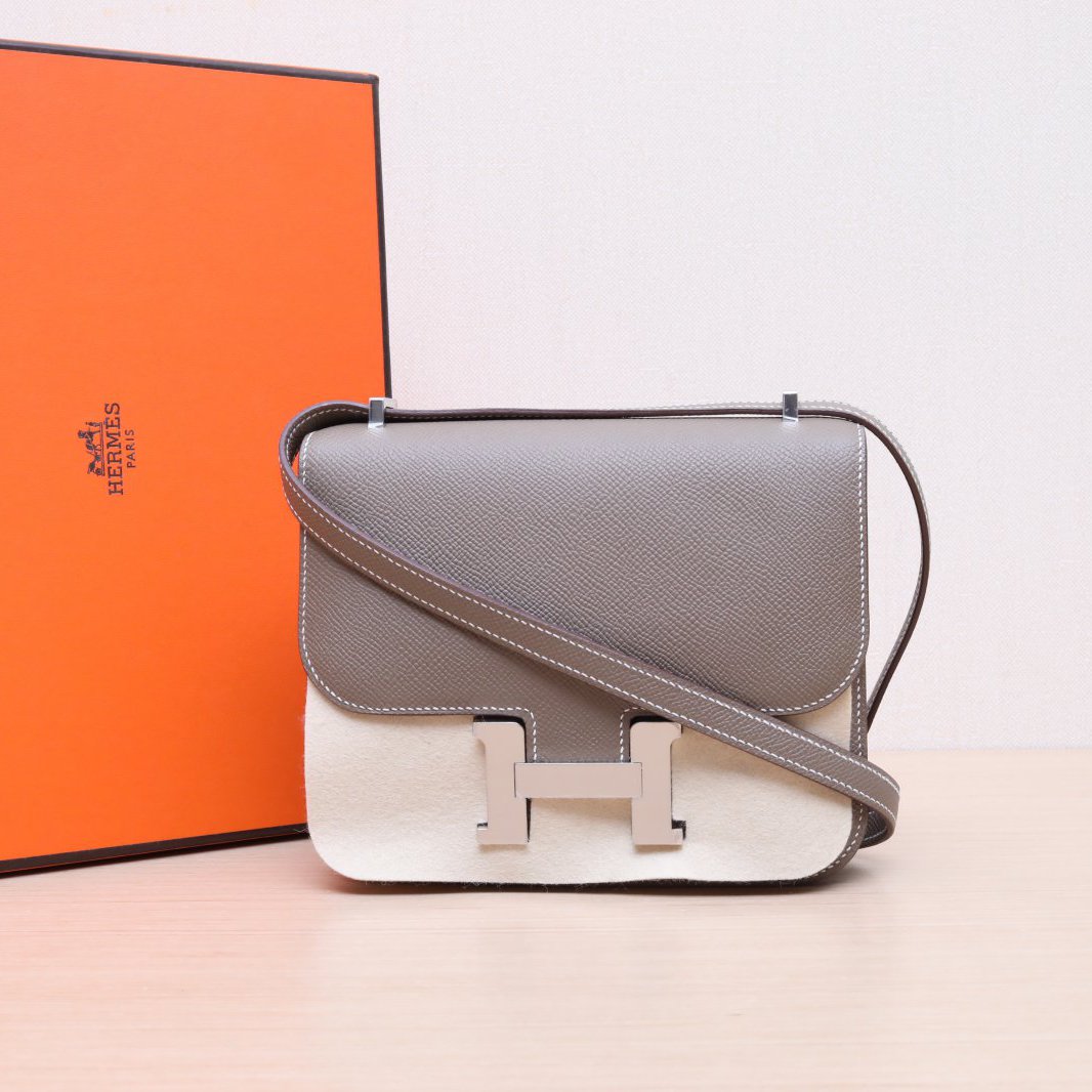 99新 Hermes/爱马仕 小花6枫 康康 19 带镜子 大象灰 B刻 银扣