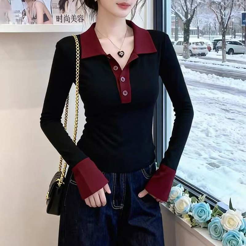 加绒假两件Polo领长袖显瘦拼色T恤2025冬季新款可外穿上衣7169