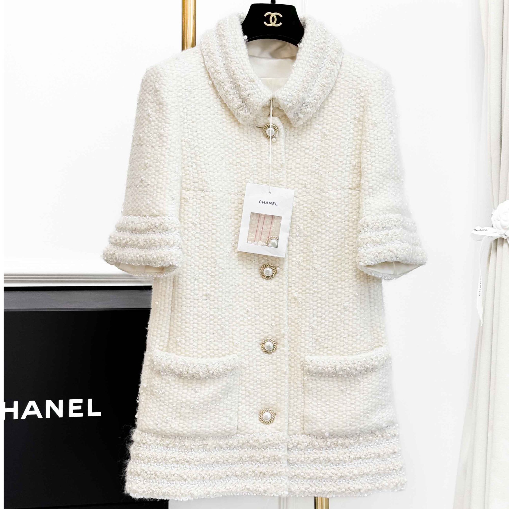 99新 Chanel/香奈儿 34码18A汉堡系列秀款重工珍珠滚边中袖连衣裙