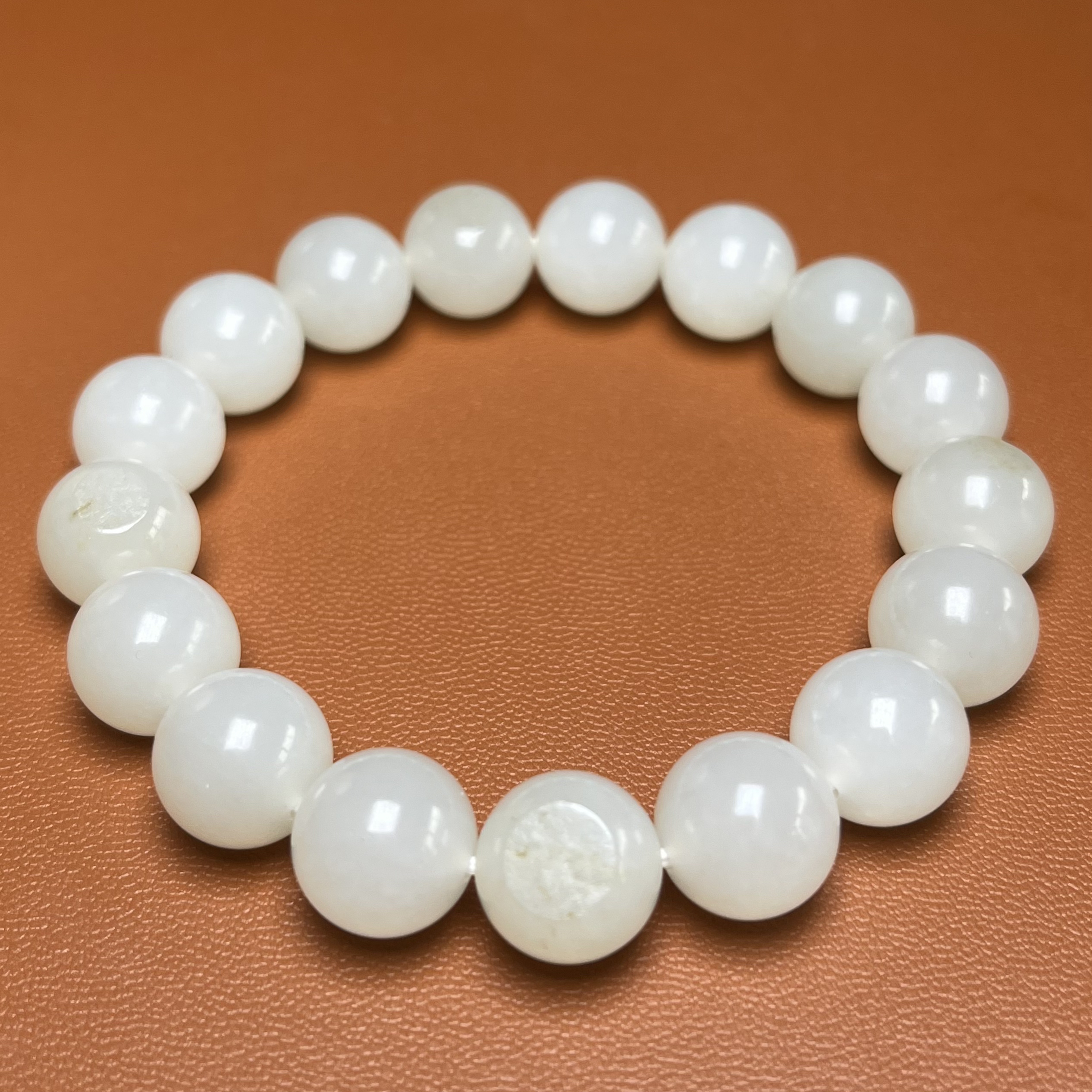 卡12圆珠手串 新疆和田玉（子料）同料4颗留秋梨皮 暖白油润 0584