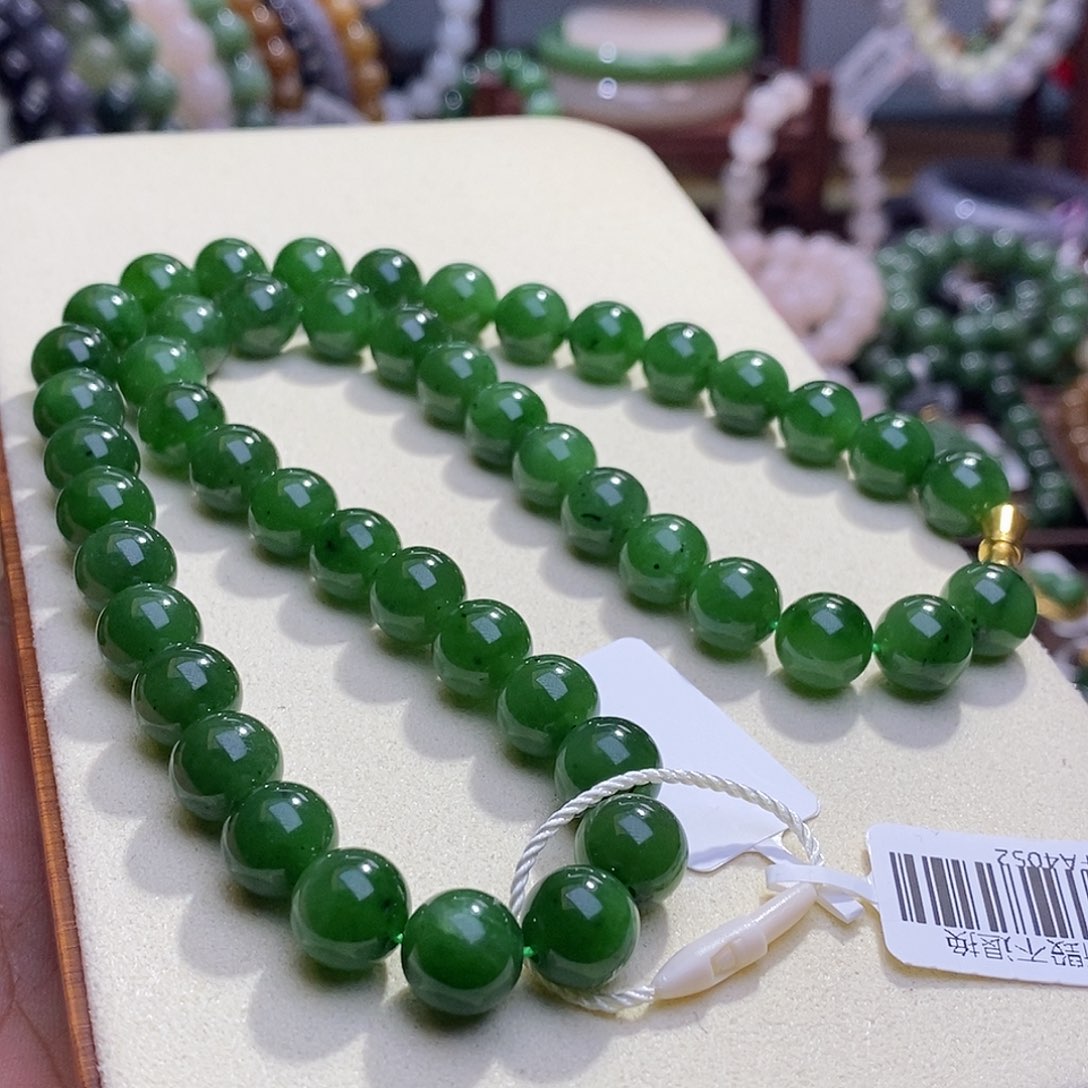 和田玉未镶嵌收藏碧玉老矿料高冰菠菜绿圆珠项链9.5m