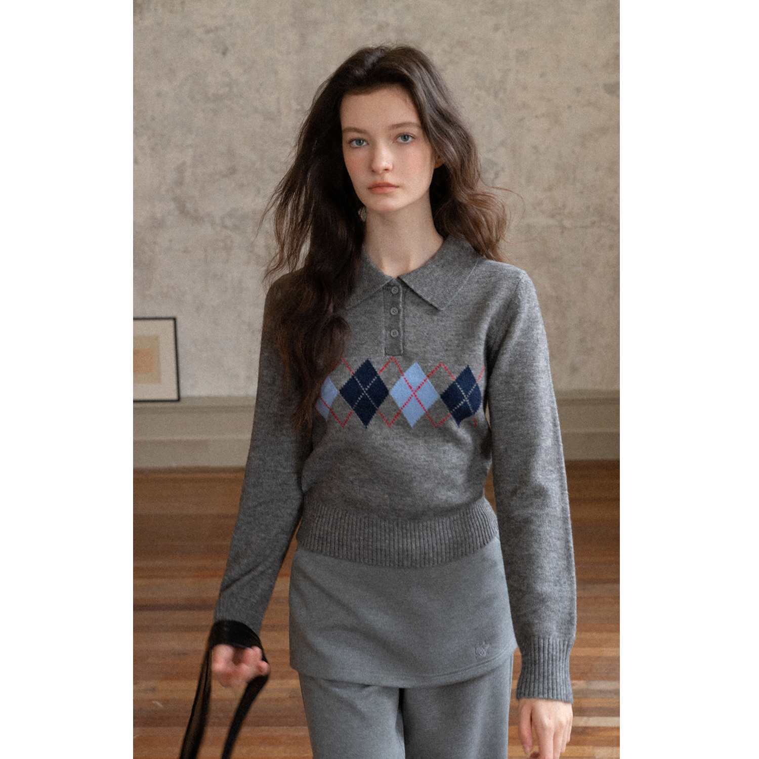 EGGKA白色polo领菱格毛针织衫秋冬修身显瘦短款上衣E25A80291BK