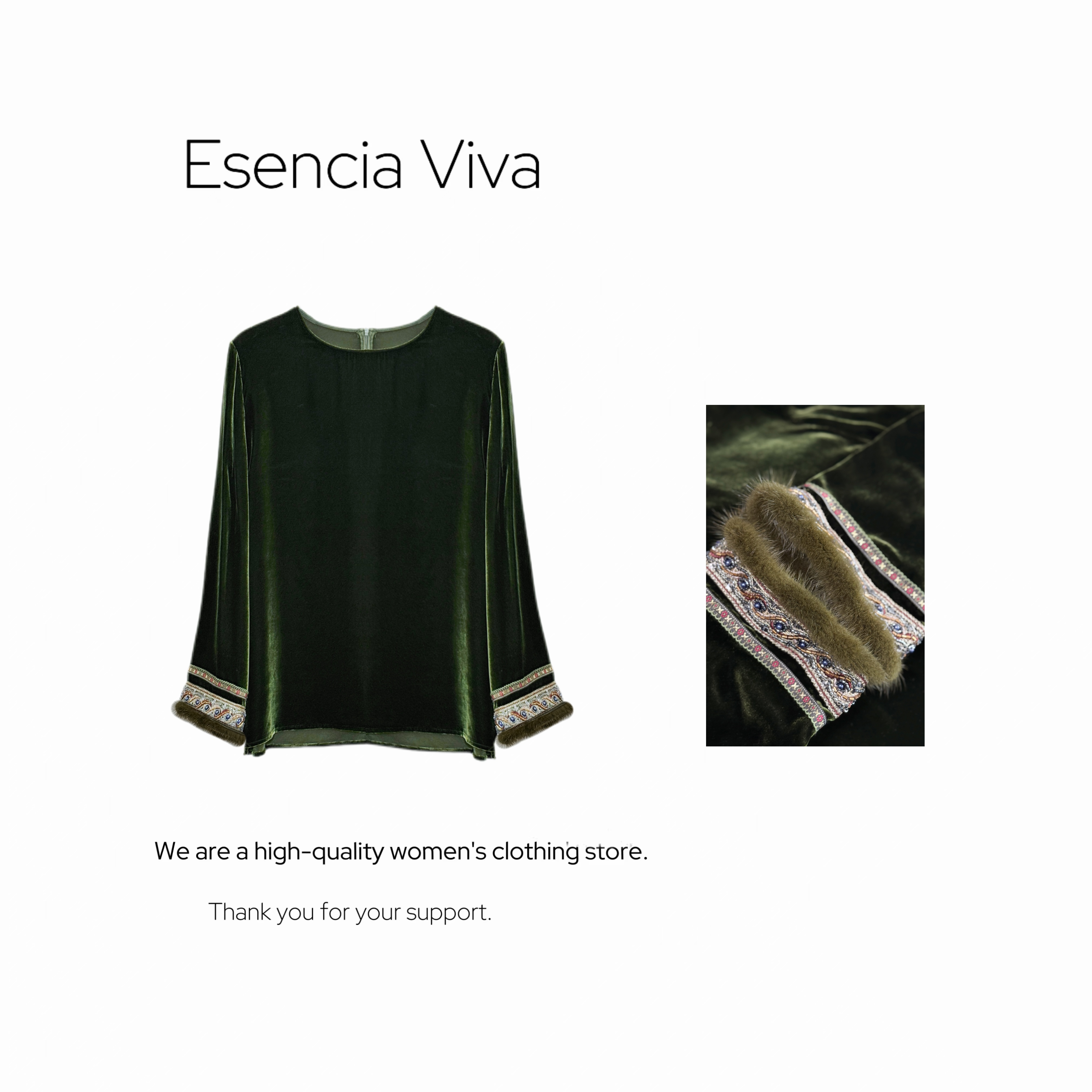 EV.【​​春欲晚】100%桑蚕丝绒亮片刺绣水貂毛墨绿气质上衣EV25QS391