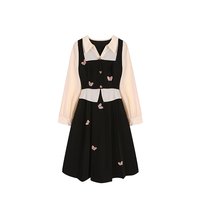 五季家2025春季质减龄蝴蝶印花黑色长款/短款连衣裙ZL53980