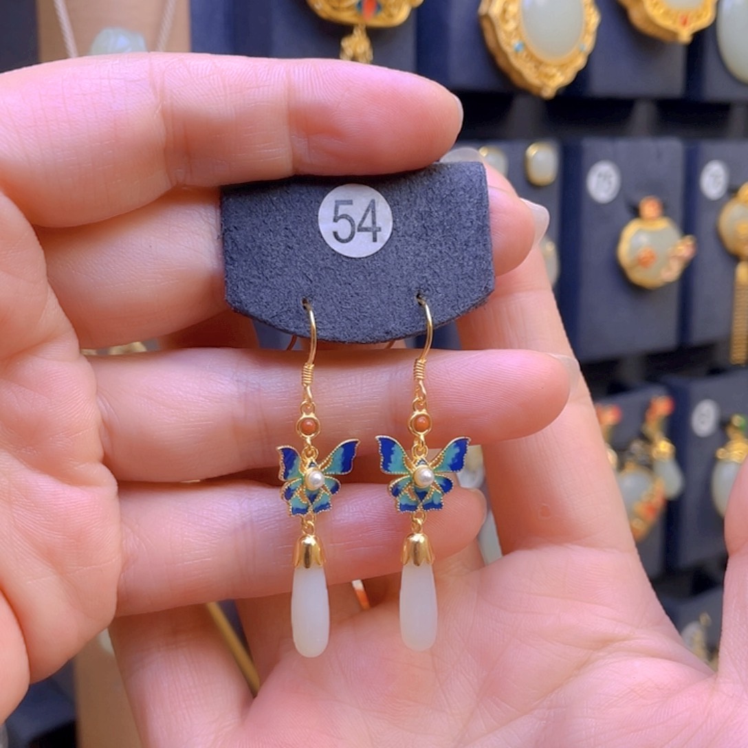 和田玉耳饰银S925镀金镶嵌