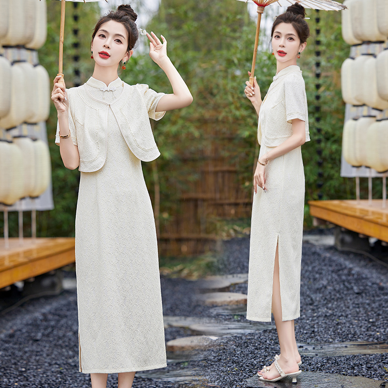 披肩旗袍裙套装2025夏新款中式国风复古气质名媛优雅修身两件套裙