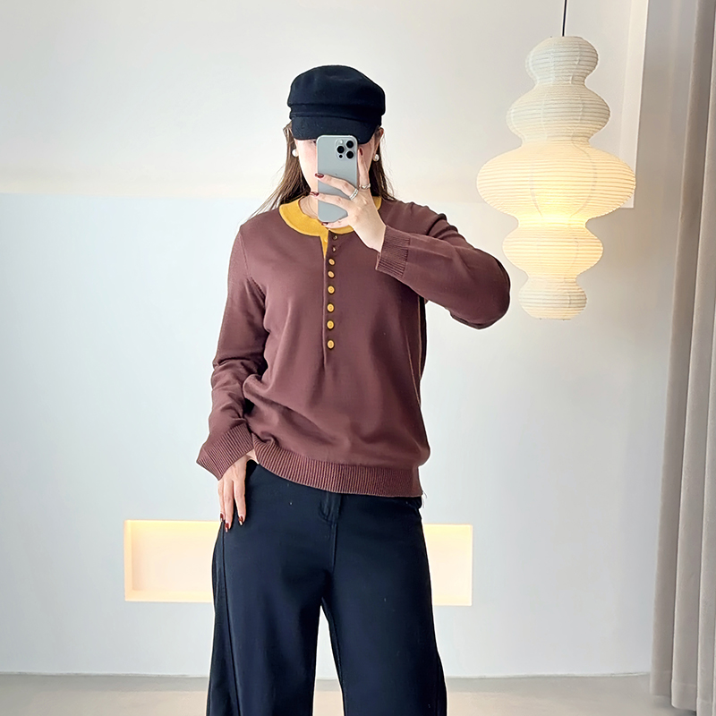 【霏霏专属】冬季新款气质时尚休闲百搭撞色圆领针织毛衣F621