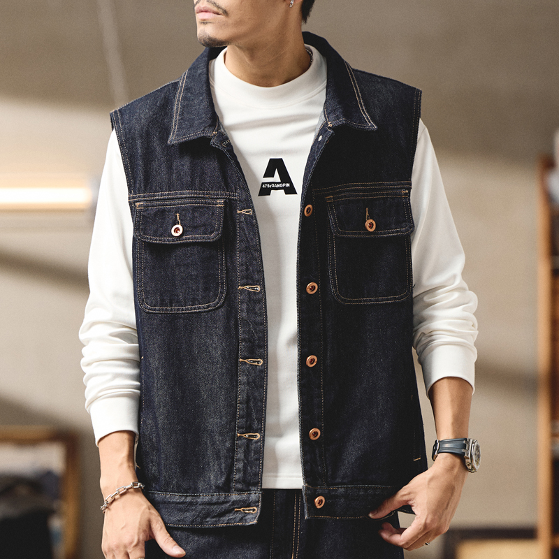 欧美高端不掉色牛仔马甲男士潮流宽松多袋牛仔坎肩背心男柔软马夹