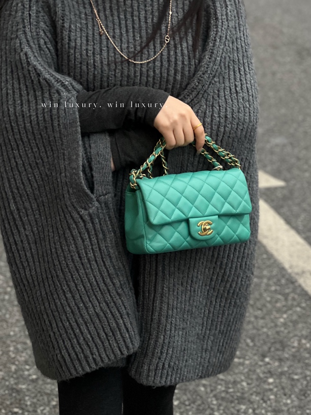 95新 Chanel/香奈儿 香奈儿cf金扣湖水绿大mini单肩斜挎包 27开
