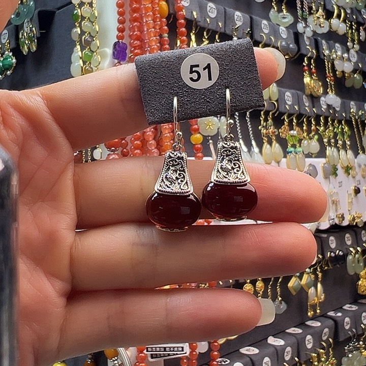 足银镶嵌琥珀耳饰通体纯银天然血珀耳钩