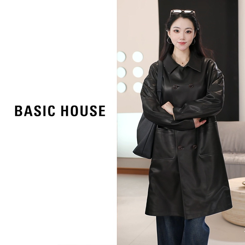 Basic House/百家好2025秋皮风衣长款外套女B1295B5J522（衣长95）