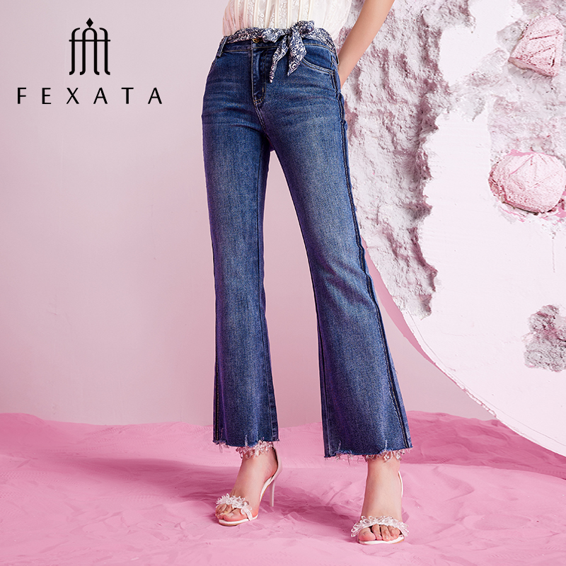 【黄蓉推荐】FEXATA斐格思女士牛仔裤毛边微喇裤