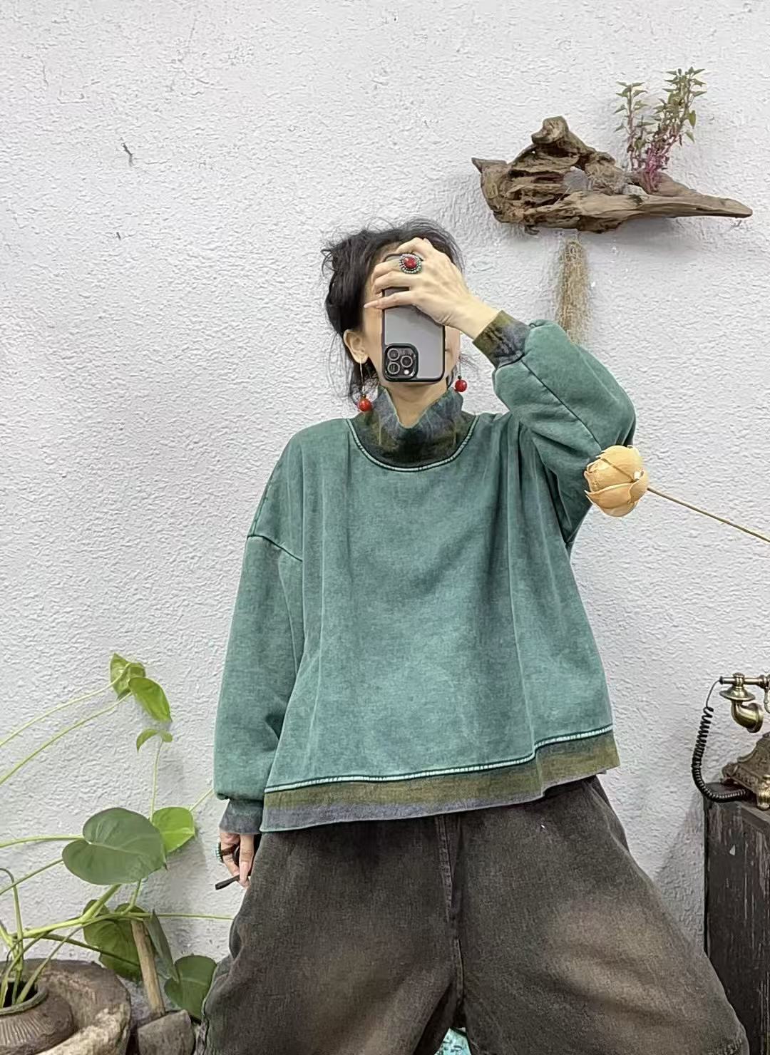 8862加绒中领领口下摆拼色两侧开衩炒色卫衣上衣（长63胸围148