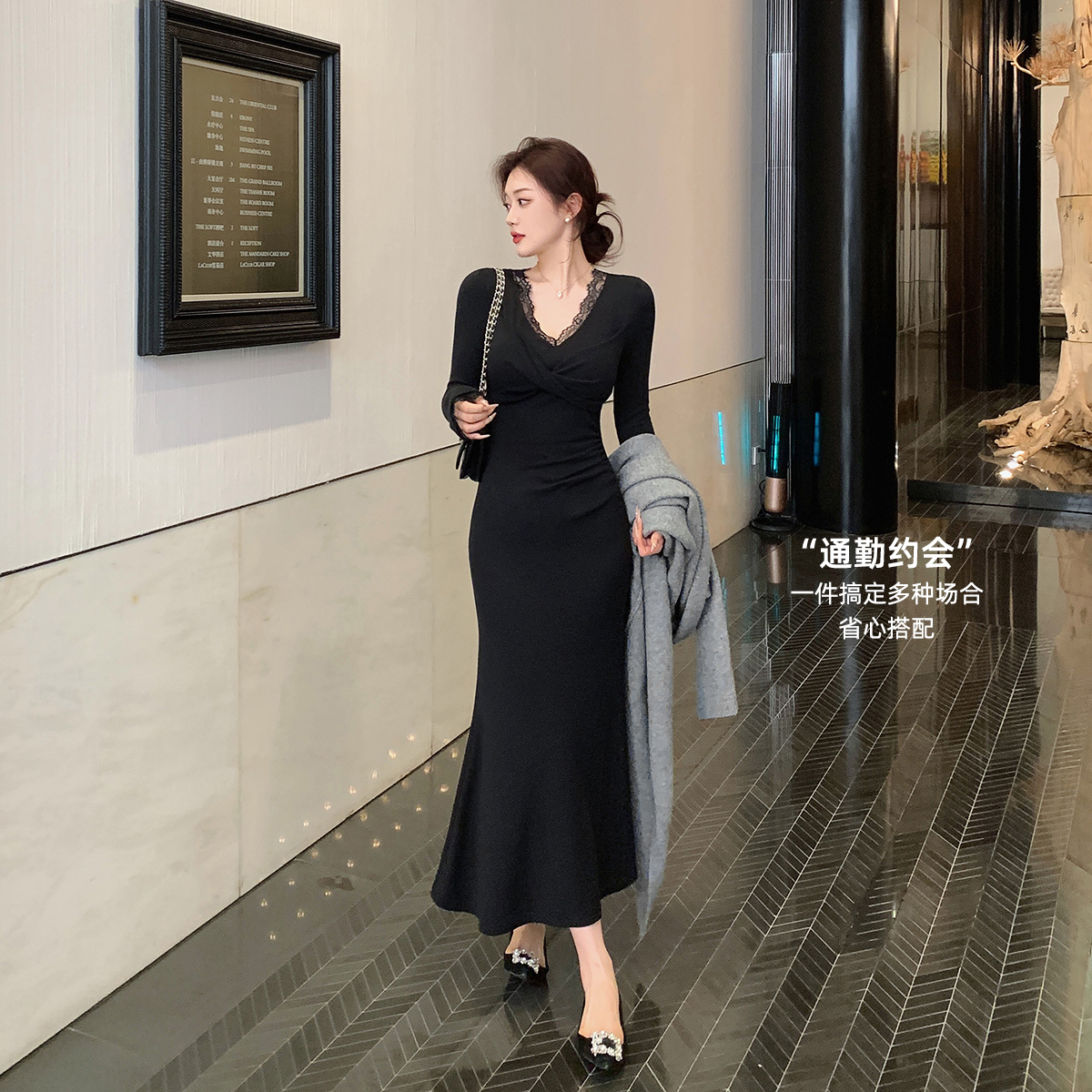 【现货清仓】 扭结捏褶连衣裙气质优雅鱼尾长裙女