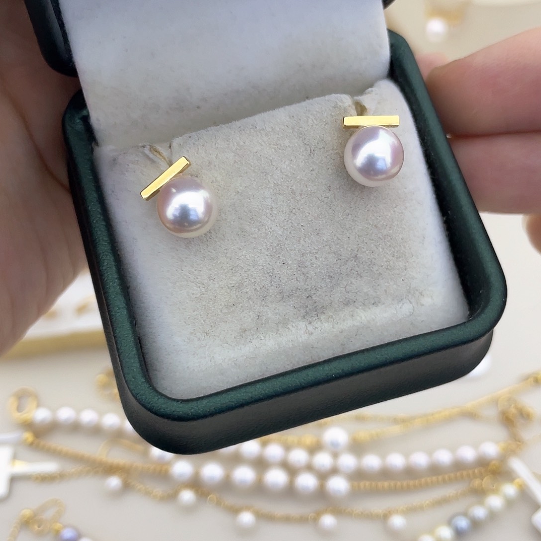 海水珍珠耳饰18K金镶嵌7.5-8平衡木耳钉