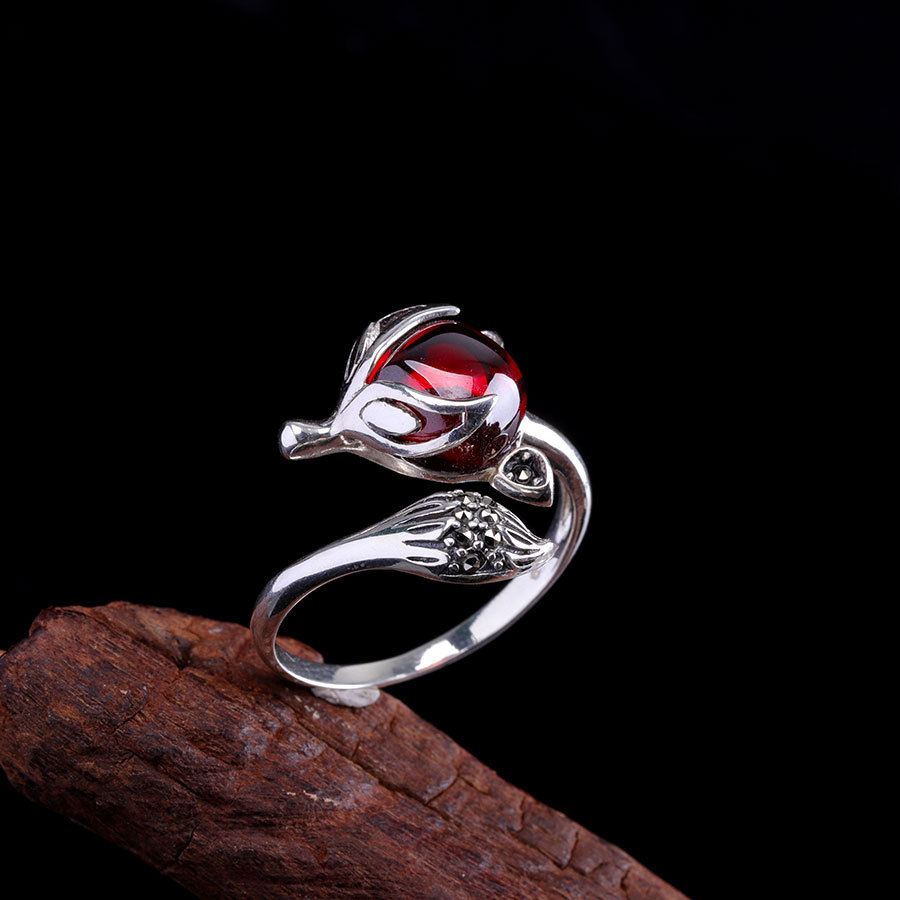 S925银戒镶嵌石榴石饰品时尚狐狸设计女士戒指