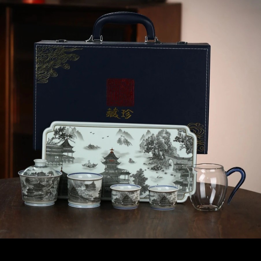 景德镇手工高温陶瓷重工墨彩大明宫茶盘六件套礼盒高奢茶具套装