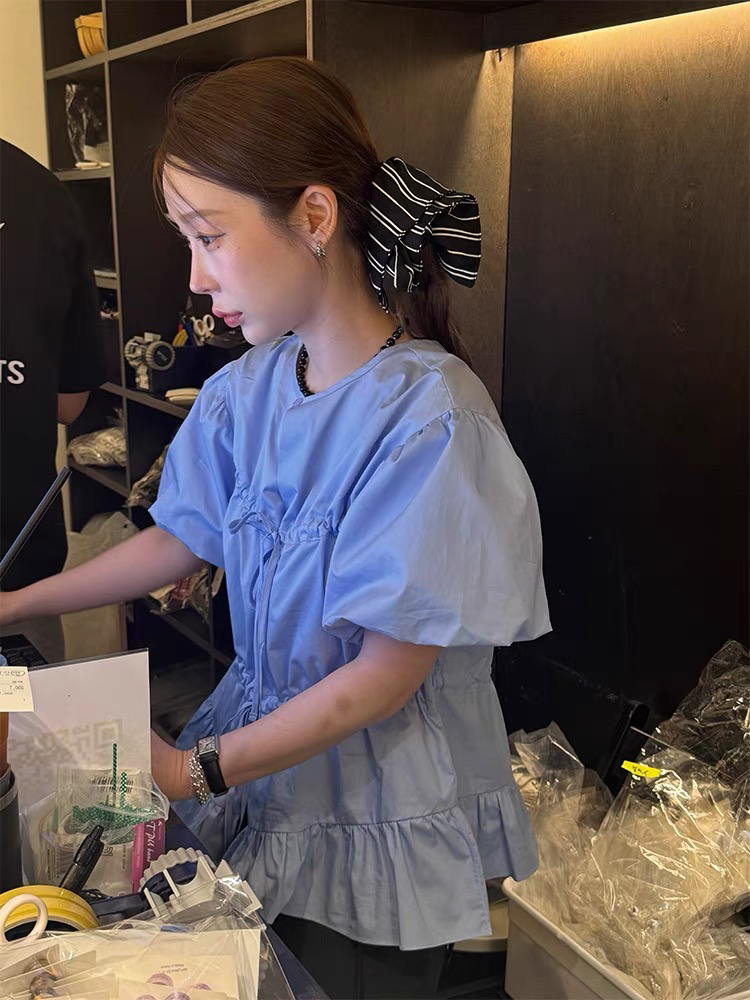 泡菜earlobe头花欧尼泡泡袖短袖衬衫