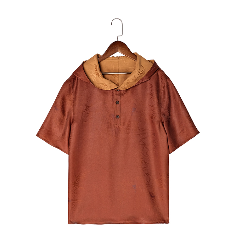 88260 男士双面连帽套头衫 中国风桑蚕丝透孔花罗红云纱透气短袖