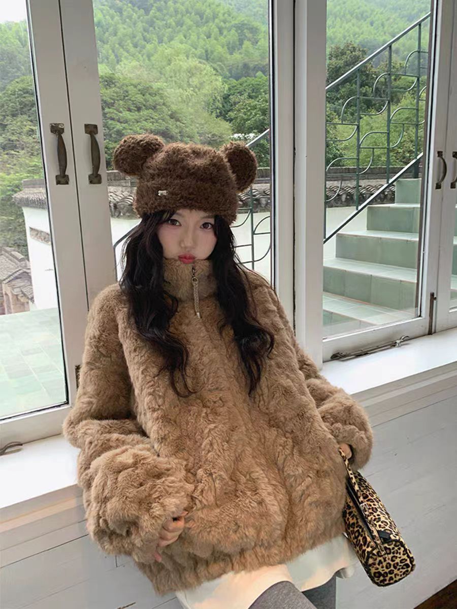 2025秋冬季新款立领外套女超好看毛绒宽松加厚拉链环大码