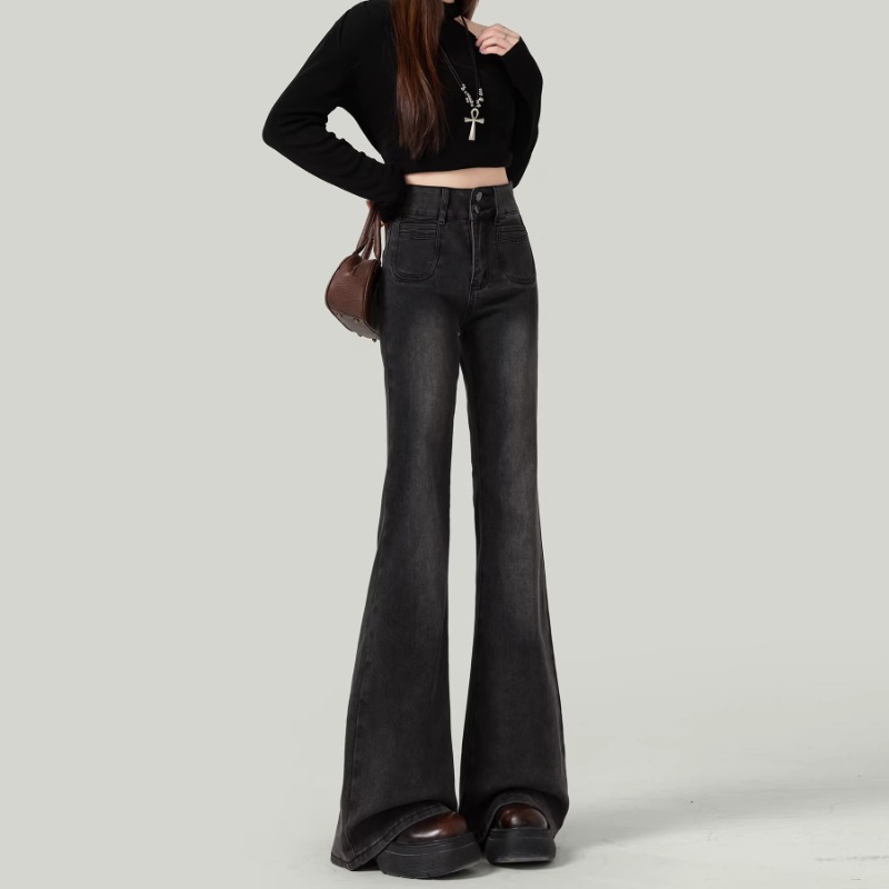 美式黑色显瘦高腰微喇叭牛仔裤女2025春秋新款弹力修身拖地马蹄裤