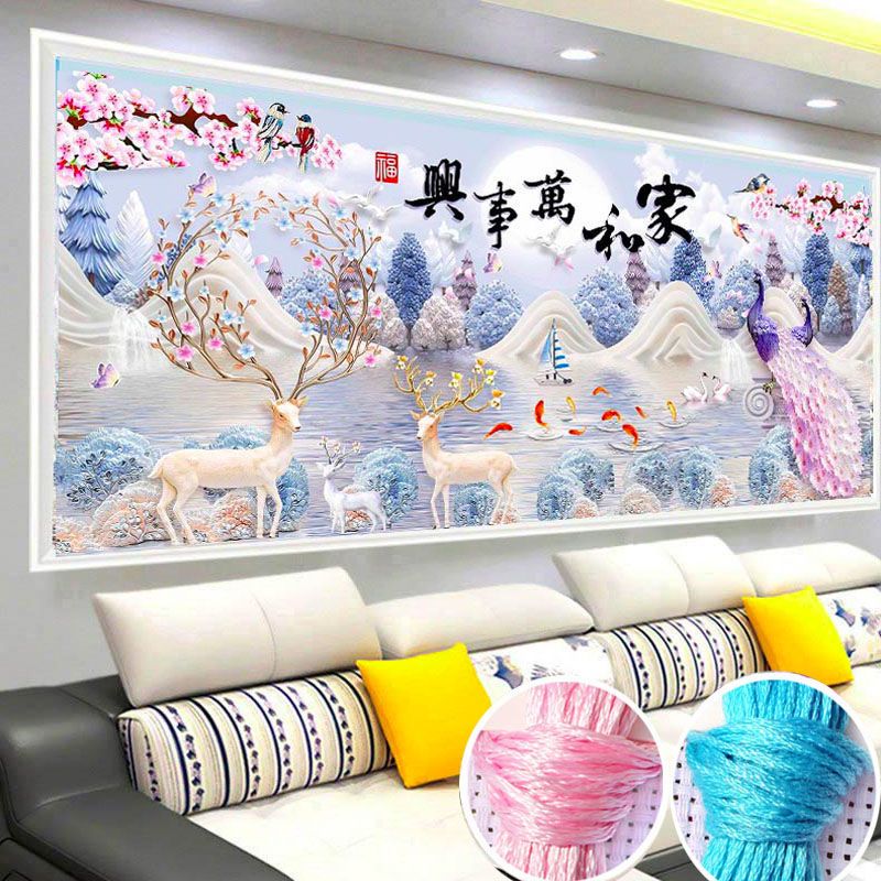 纯手工十字绣成品客厅餐厅卧室家和万事兴发财鹿孔雀九鱼图一米五