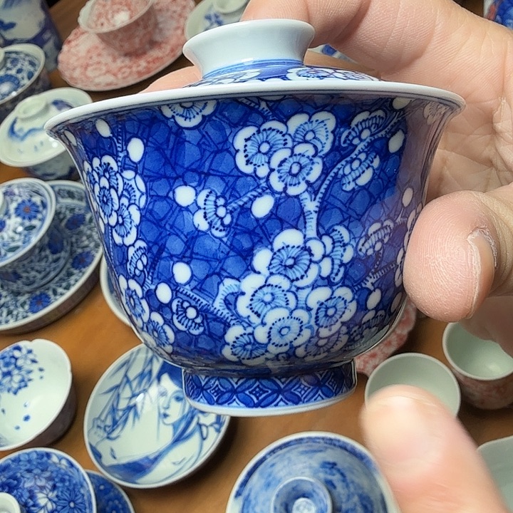 手绘冰梅二才盖碗