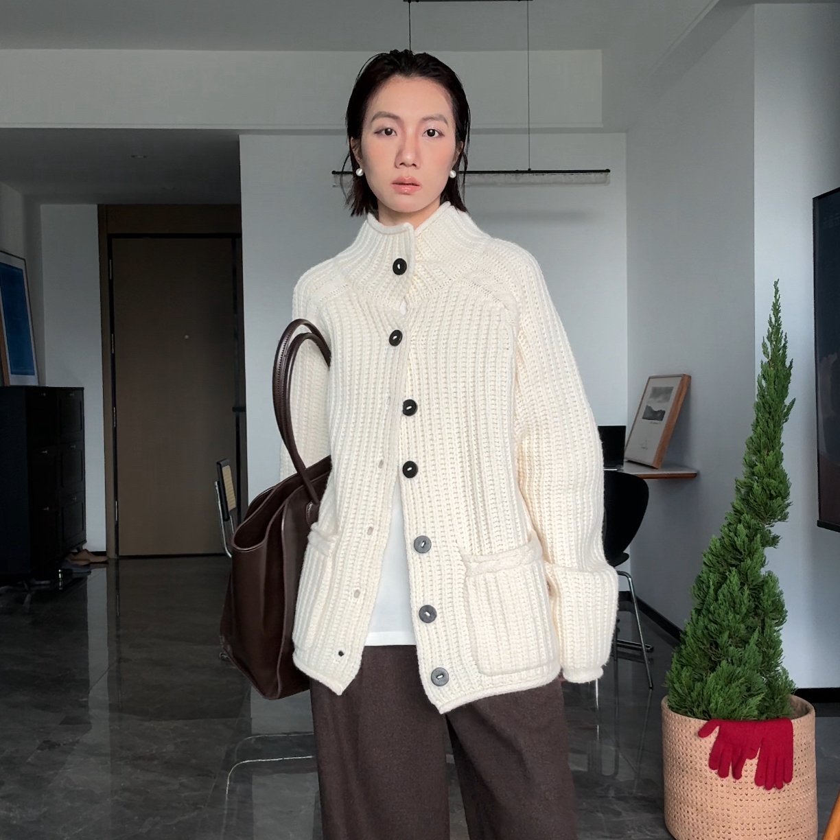 山阶 【松弛自洽】全羊毛手工棒针开衫外套女极简慵懒宽松毛衣25冬