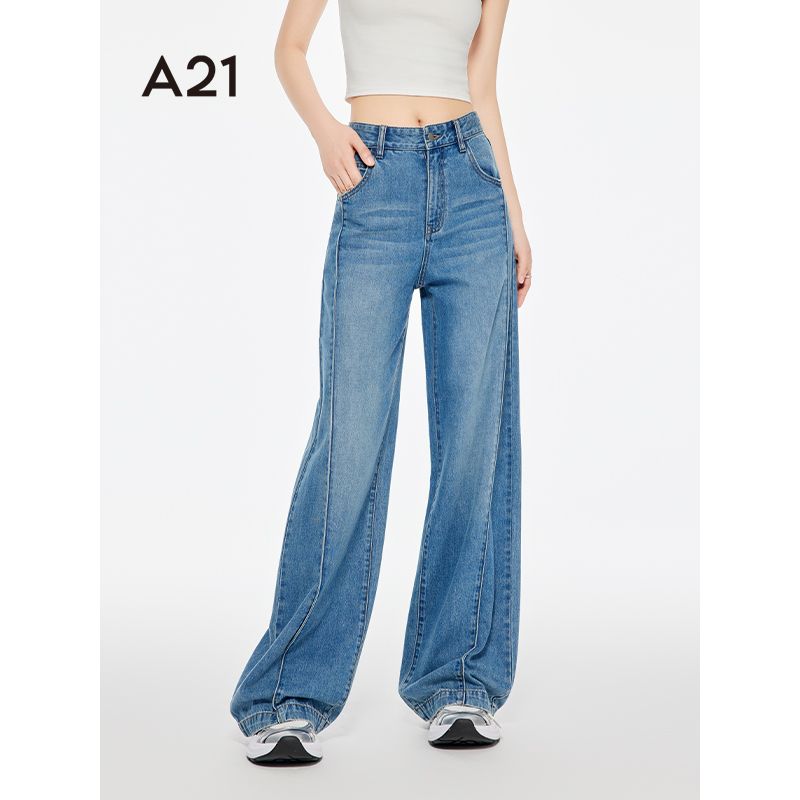A21女装高腰阔腿牛仔长裤秋夏新款宽松复古休闲直筒裤F453226005
