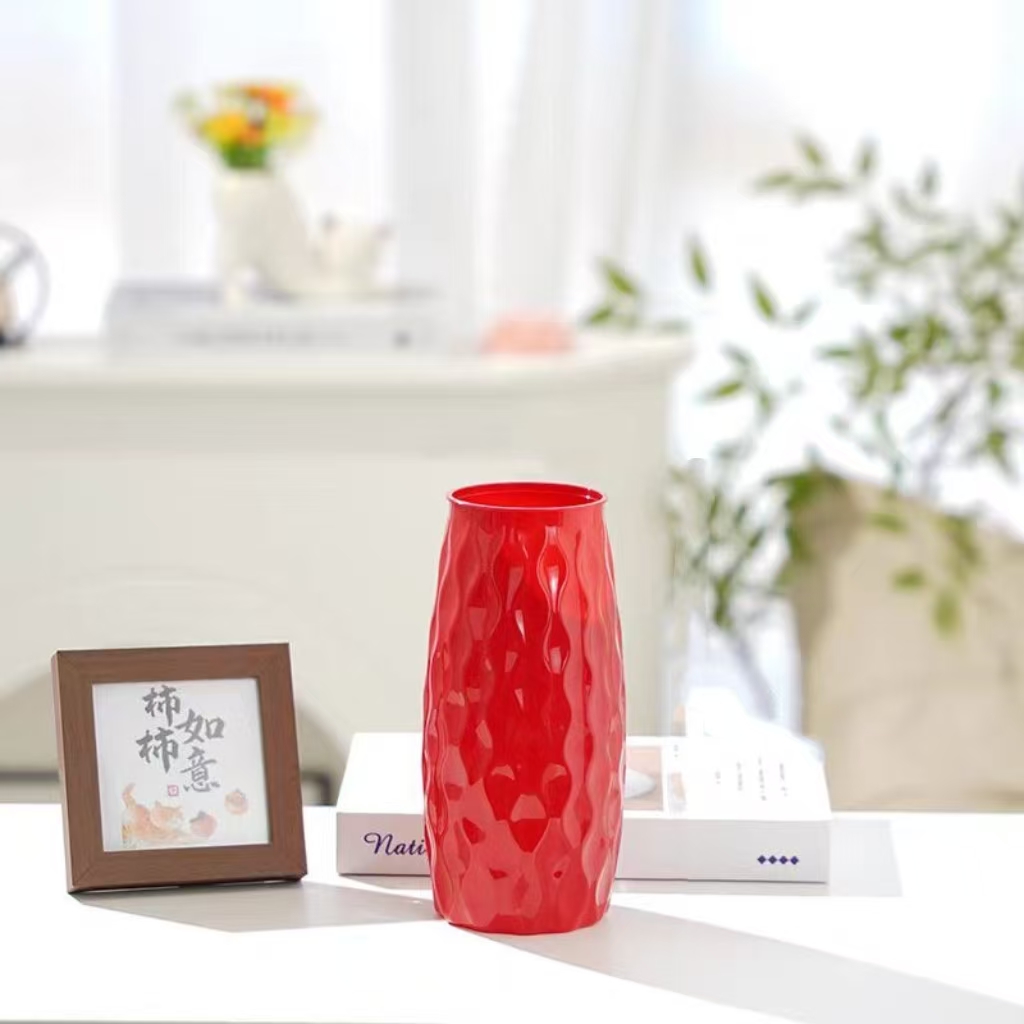 一个花瓶爆款发财瓶红色花瓶银柳专用花瓶式装仿陶瓷插花桌面