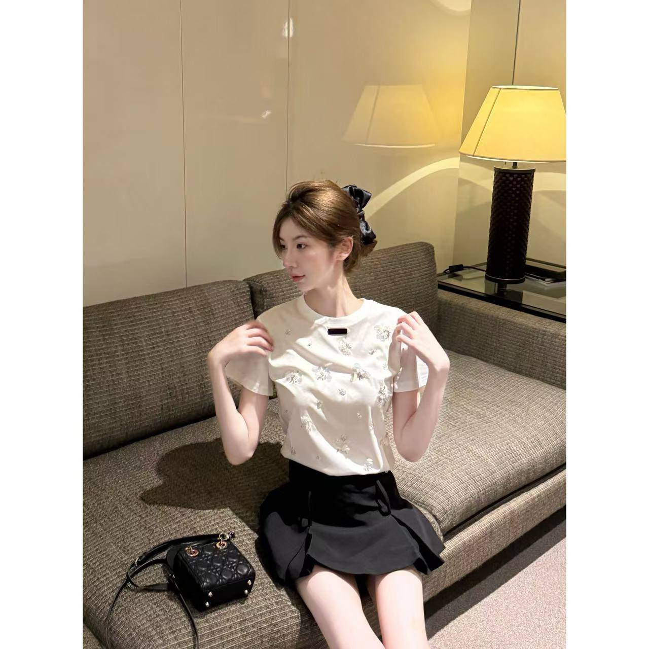 【思琦定制】重工正肩短袖T恤女士加夏季新款修身显瘦宽松休闲半裙